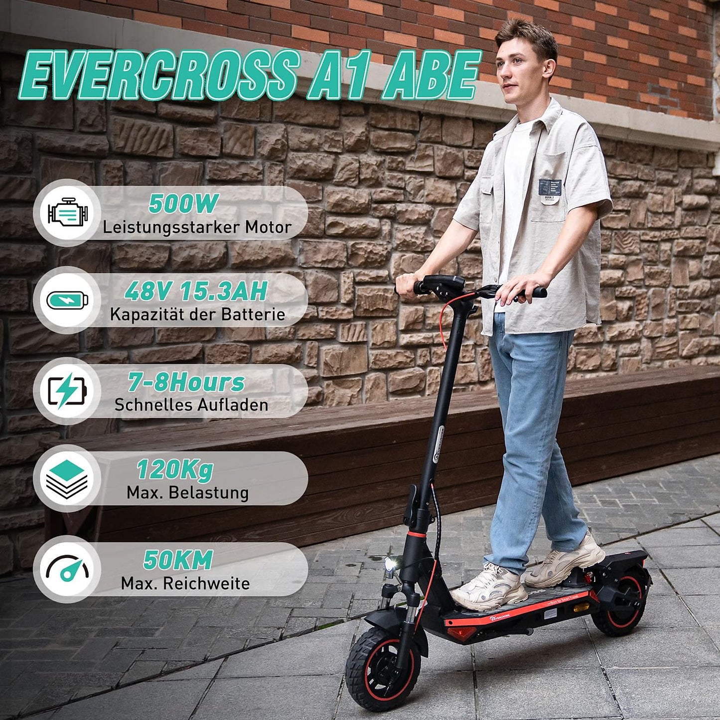 EVERCROSS TECH A1 mit StraBenzulassung (ABE) E-Scooter E-Roller (10 Zoll, Schwarz-Rot)