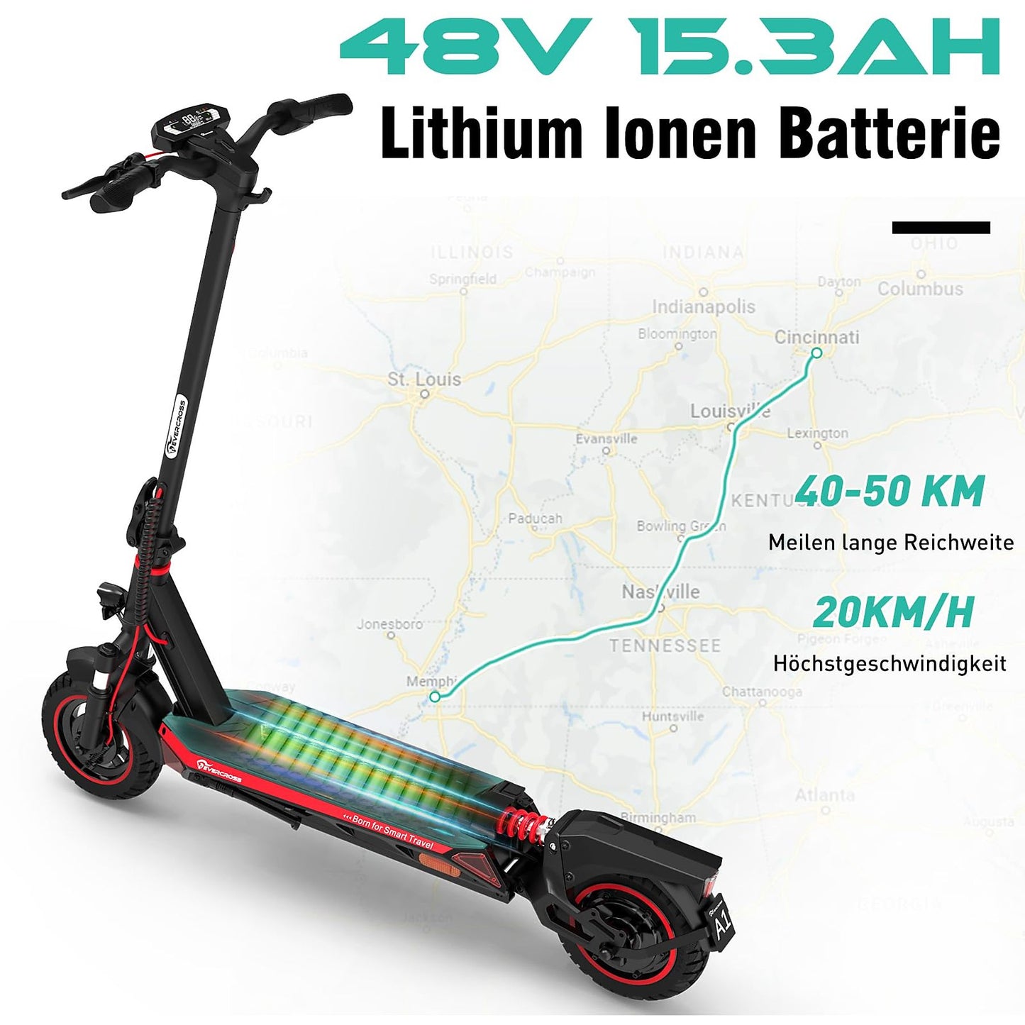 EVERCROSS TECH A1 mit StraBenzulassung (ABE) E-Scooter E-Roller (10 Zoll, Schwarz-Rot)